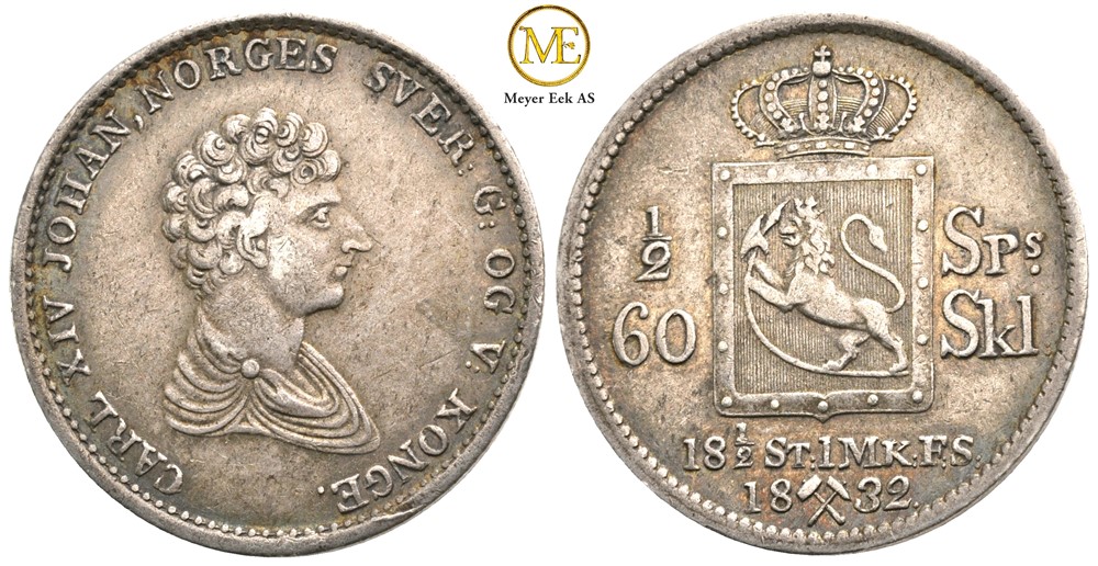 1/2 speciedaler 1832 Carl XIV Johan. Kv.1+