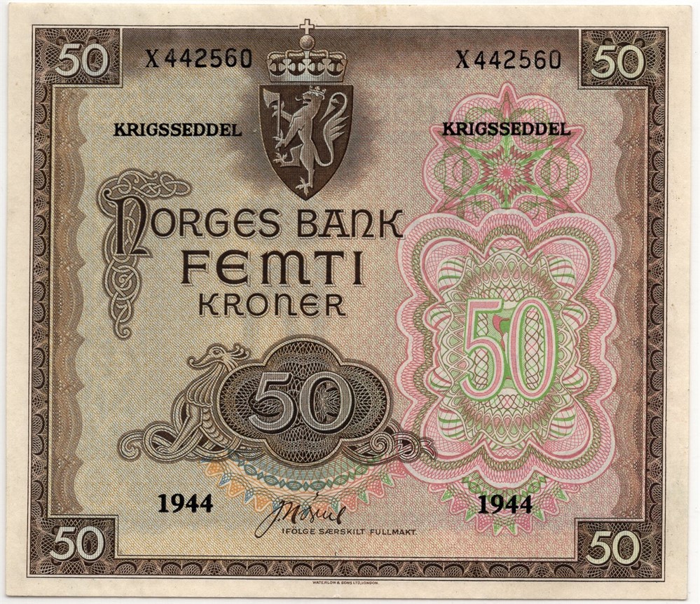50 kroner 1944 X.442560 London Utgaven. Kv.01