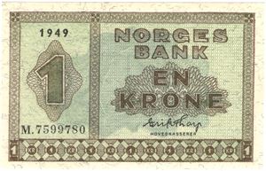 1 krone 1949 M.7599780. Kv.0/01