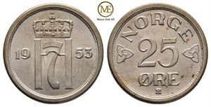 25 øre 1953 Haakon VII. Kv.0