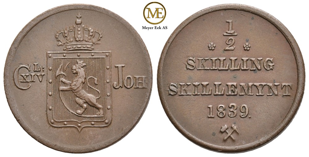 1/2 skilling 1839 Carl XIV Johan. NM.68. Kv.0/01