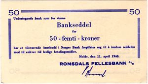 Romsdal fellesbank 50 kroner 11.april 1940 Nr.157 Kv.01