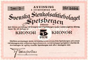 Svenska Stenkolsaktiebolaget Spetsbergen 5 kroner serie D type III