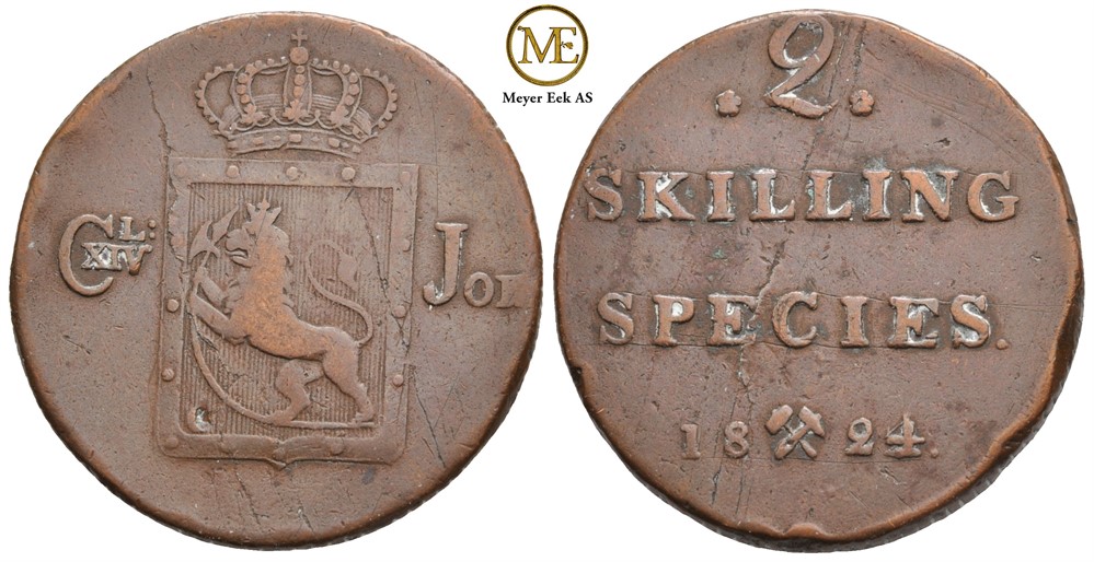 2 skilling 1824 Carl XIV Johan. NMD.50. Kv.1/1+
