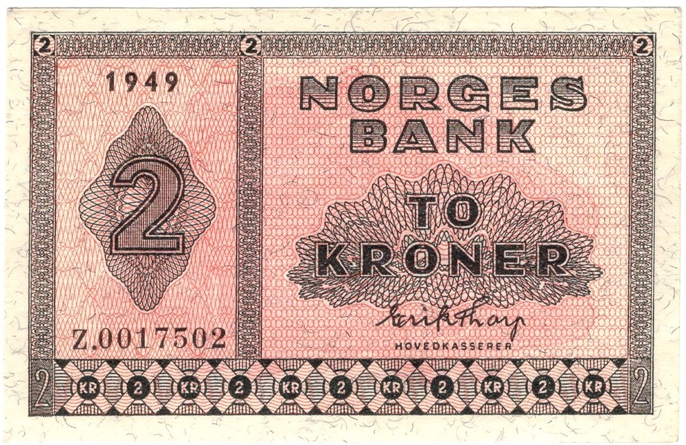 2 kroner 1949 Z.0017502 erstatningsseddel. Kv.0