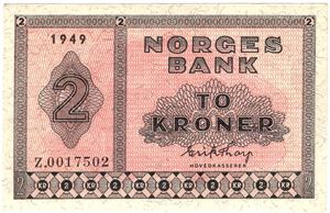 2 kroner 1949 Z.0017502 erstatningsseddel. Kv.0